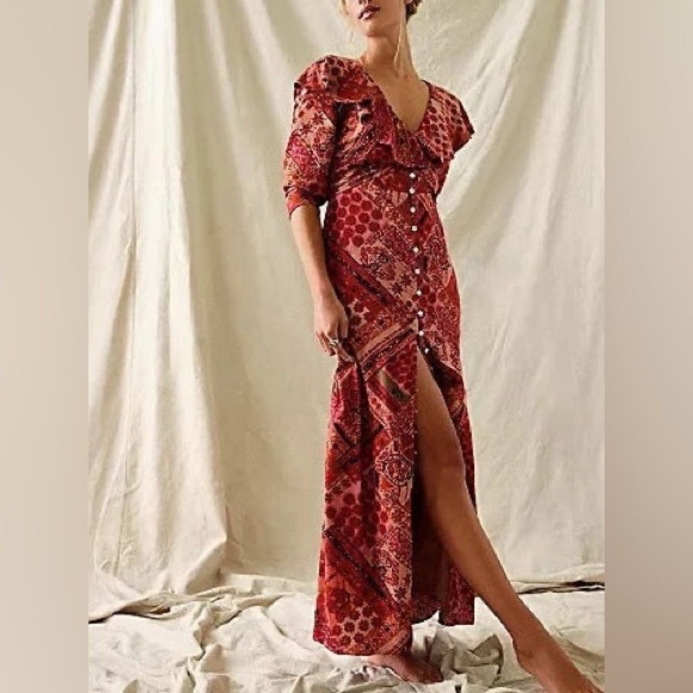Free People Red Patterned Button-Front Maxi Dress
